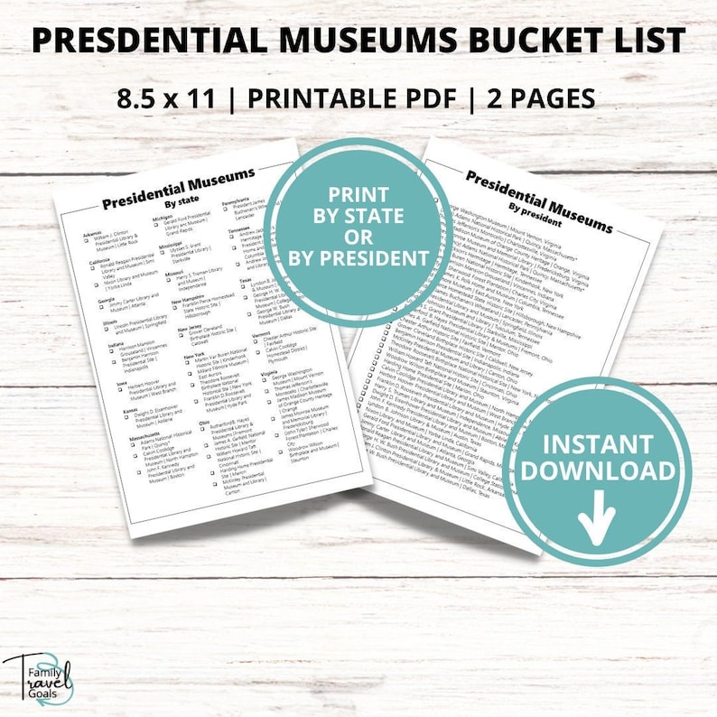 Presidential Museums Checklist, Printable Bucket List, Vacation Tracker