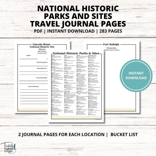National Historic Parks & Sites Travel Journal – Printable 2-Page Log Per Site + Full Checklist – U.S. History Travel Tracker
