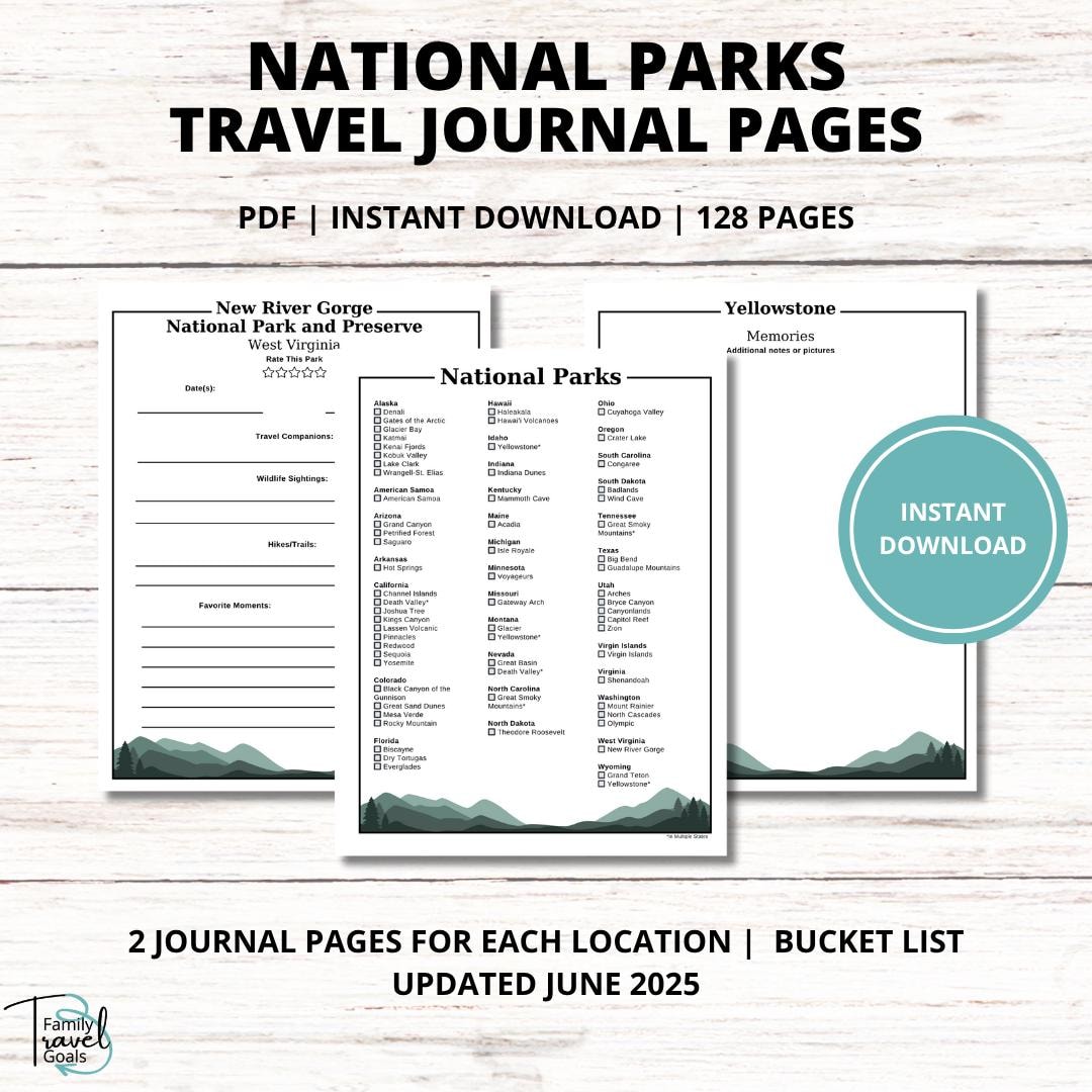 National Parks Travel Journal Printable 2 page Layout per Park