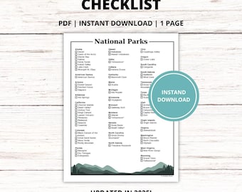 National Parks Checklist Printable - Vollständige Liste der US NPS Parks zum Verfolgen von Besuchen und Planen von Abenteuern - Sofortiger Download des Reise-Trackers