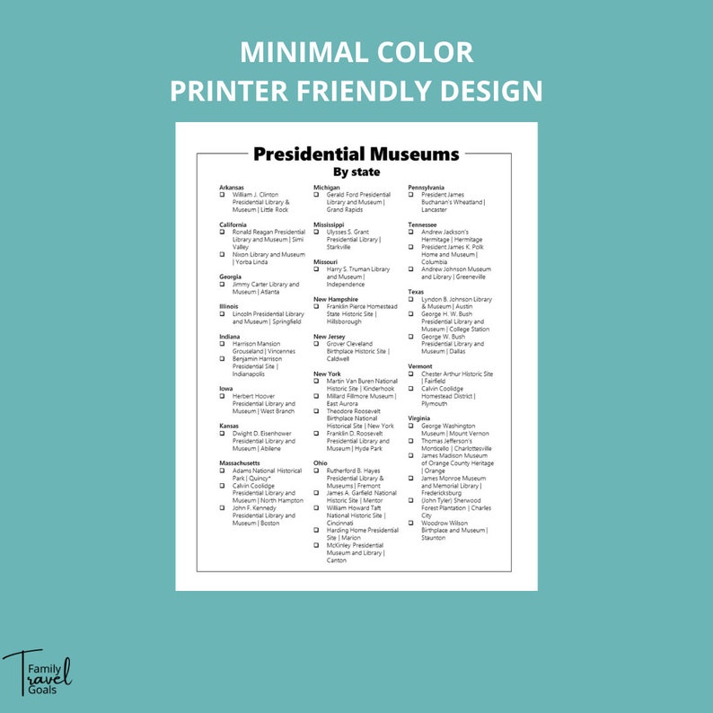 Presidential Museums Checklist, Printable Bucket List, Vacation Tracker