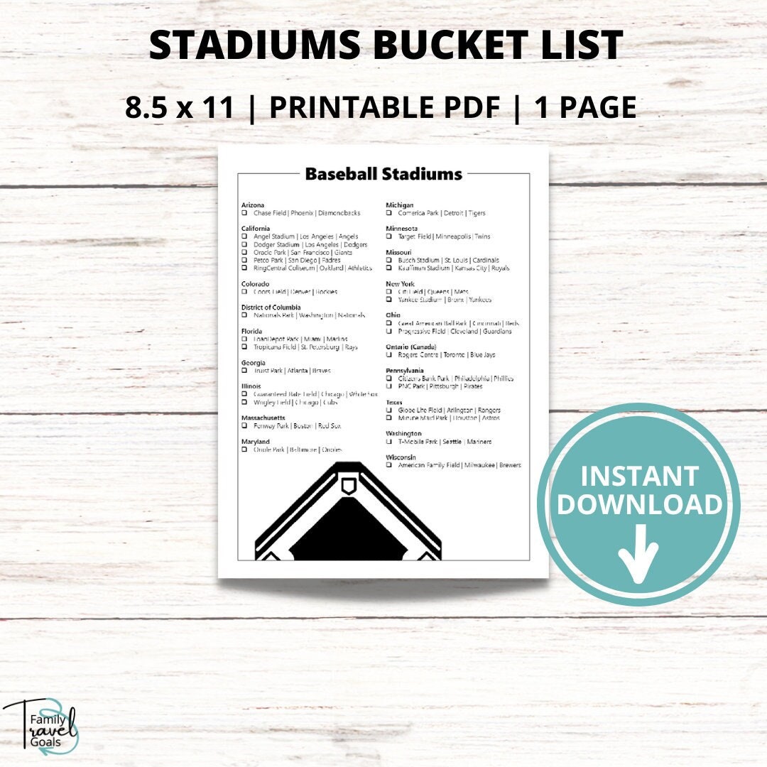 Baseball Stadium Bucket List, 30 Stadiums, 2023, Bucket List Printable