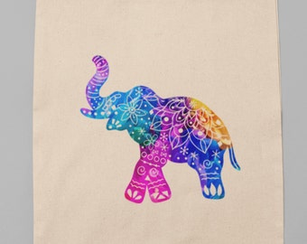 Vibrant Multi-Color Boho Elephant Good Luck Trunk Up Canvas Eco Friendly Reusable Tote Bag, Grocery Market Tote Bag, Recyclable Tote Bag