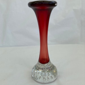Vintage Mid Century 1960s Swedish, Aseda Glasbruk, Red & Clear Hand Blown Glass Bubble Bud &#39;Bone&#39; Vase