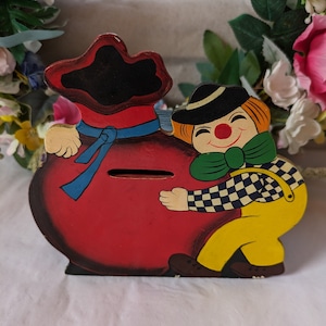 Vintage/Retro Hand Painted Wooden, Folk Art, Clown Money Box