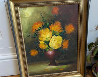 Original Framed Vintage Signed Still Life, Vase Of Flowers, Oil On Canvas Painting/Picture