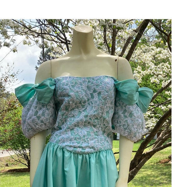 1980s seafoam green off the shoulder lace bodice prom dress