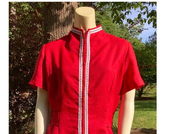 1970s red knit fit and flare dress with contrast trim