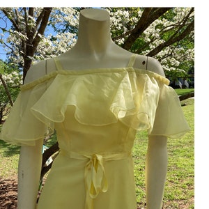 1970s XSmall daffodil yellow floor length off the shoulder prom dress