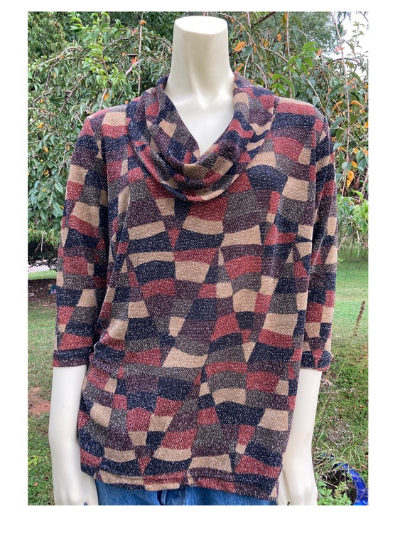 1990s fall colors geometric print lurex cowl neck… - image 1