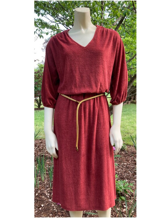 1970s- 1980s rusty red terrycloth dress with gold 