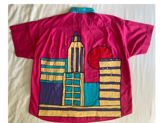 1980s hot pink shirt with cityscape on back - image 4