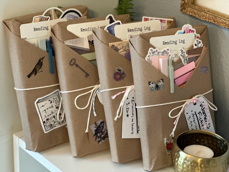 Four wrapped blind date with a book mystery books leaning against one another, ready to be gifted to a book reader.