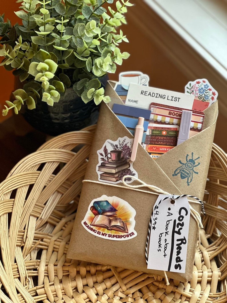 Wrapped blind date with a book in the Cozy Reads genre, placed in a basket.