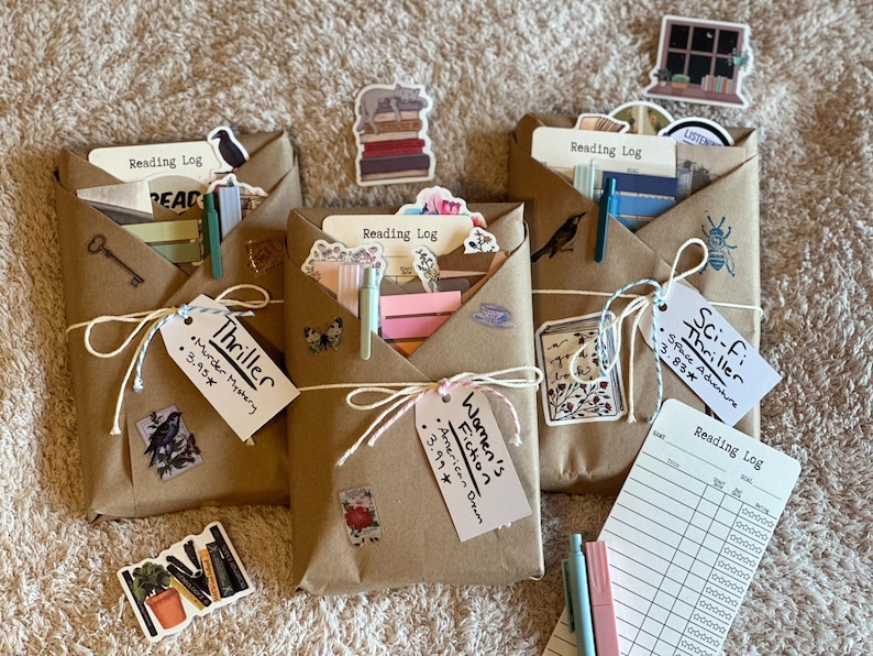 Three wrapped books with accessories for the blind date with a book gift.