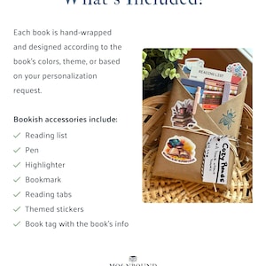 Bookish accessories included with the Blind Date with a Book are a reading list, pen, highlighter, bookmark, reading tabs, themed stickers, and a book tag with the book's info. Each book is hand-wrapped and designed according to the book's colors, theme, or based on your personalization request.