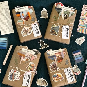 Four wrapped books with cute bookmarks, pens, highlighters, reading logs, and book stickers.