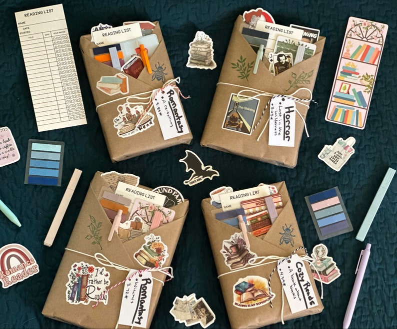 Four wrapped books with cute bookmarks, pens, highlighters, reading logs, and book stickers.