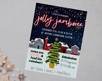 May include: A festive poster advertising a "Jolly Jamboree" event in Clifton, New Jersey. The poster features a cartoon illustration of a snowy town with a Christmas tree, and the text "Come see Santa & feed his reindeer!"  The event is scheduled for December 17th from 12:00 PM to 8:00 PM. Admission is $3.50 beforehand or $7.50 at the door. The poster also mentions hot cocoa, games, and food trucks.