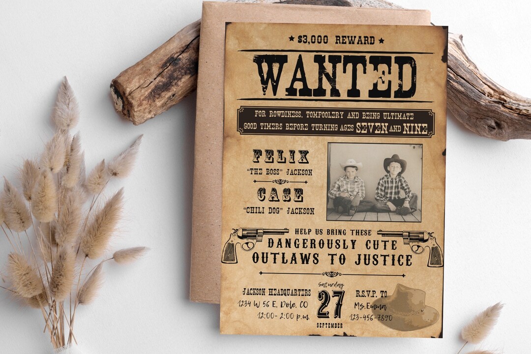 Wanted Poster Cowboy Birthday Invitation, Wild West Party (canva) - Etsy