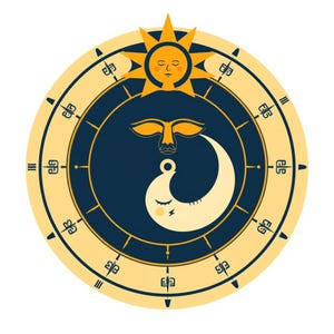 May include: A circular graphic design featuring a central dark blue field with a stylized yellow sun at the top and a cream-colored crescent moon below. The design is surrounded by a cream border with dark blue markings and geometric symbols.