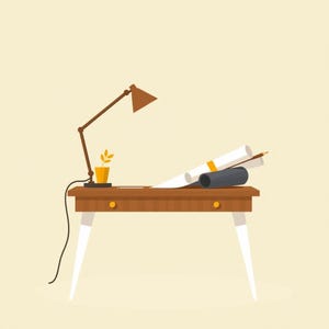 Mid-Century Architect Drafting Table Scene | Retro Workspace Flat Vector Art (Digital Download)