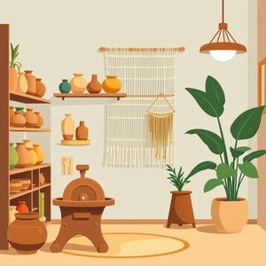 Può includere: Una scena d'interni con un alto scaffale in legno riempito di vari vasi in ceramica nei toni del marrone, arancione e verde. Un arazzo in macramè è appeso alla parete accanto a una lampada a sospensione, una grande pianta e un mulino in legno.