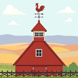 Scena z wiatrowskazem w kształcie koguta i kopułą stodoły w formacie SVG | Klasyczna architektura farmy, płaska grafika wektorowa do pobrania w formacie cyfrowym na ścianę i do pobrania