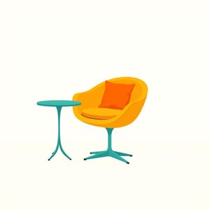 May include: A yellow armchair with a matching yellow seat cushion and a bright orange square throw pillow, paired with a teal pedestal side table featuring a thin stem and a four-pronged base, all presented as a flat graphic illustration.