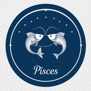 May include: A circular navy blue emblem featuring two white fish facing each other, connected by a thin curved line. Above the fish are seven small white stars arranged in an arc. The word Pisces is printed in white serif font at the bottom.