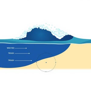 May include: A diagram showing a breaking ocean wave with white foam, dark blue water, and a tan sandy beach. Labels point to the wave face and trough, while a dashed circular path with arrows indicates water movement near the shoreline.