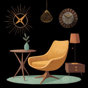Scena d'interni in stile Mid-Century Modern in formato SVG / Illustrazione vettoriale piatta di un soggiorno retrò (download digitale)