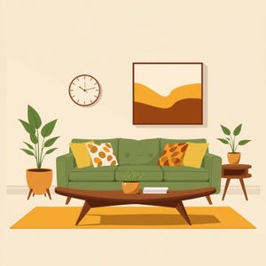 May include: A green sofa with yellow and patterned pillows sits behind a dark wood coffee table on a yellow rug. Two potted plants on stands flank the sofa, while a wall clock and a framed abstract landscape painting hang on the wall.