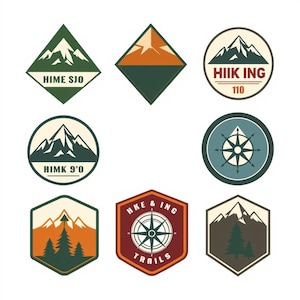Puede incluir: Una colección de ocho parches bordados con diseños de montañas, bosques y brújulas. Los parches incluyen textos como HIME SJO, HIIK ING 110, HIMK 9'0 y HKE & ING TRAILS. Las formas son de diamante, circulares y hexagonales con varios colores.