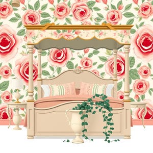 Grandmillennial Maximalist Floral Canopy Four-Poster Bed Scene SVG | Vintage English Country Bedroom Illustrated Flat Vector Art Digital Dow