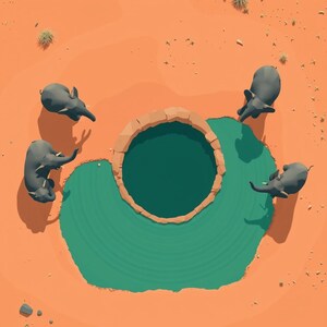 Vista aérea de una manada de elefantes en un abrevadero (SVG) / Escena de vida salvaje africana desde arriba (arte vectorial plano) para descargar digitalmente para decoración de paredes.