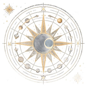 May include: A circular illustration featuring a central sun and moon motif in gold and grey tones. The design includes radiating starburst points, orbital rings, and various celestial symbols, including small spheres and arrows on a white background.