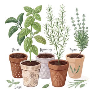 May include: A botanical illustration featuring five potted herbs labeled Basil, Rosemary, Thyme, and Sage. The plants grow in terracotta pots with various patterns including dots, swirls, and leaves. The artwork displays green foliage and brown soil.