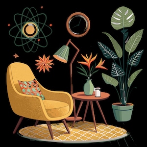 Soggiorno atomico moderno di metà secolo SVG / Scena lounge retrò grafica vettoriale piatta download digitale