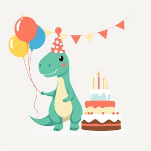 Dinosaur Birthday Party Hat and Balloon Scene SVG | T-Rex Celebration Flat Vector Art Digital Download for Kids Wall Art and Cards