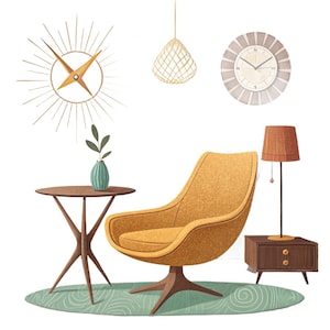 May include: A collection of furniture and decor including a mustard yellow swivel chair, a wooden side table with a small vase, a brown nightstand with a lamp, a sunburst wall clock, a round wall clock, and a pendant light on a green rug.