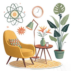 May include: A yellow armchair with a patterned cushion sits on a round yellow rug. Nearby is a wooden side table with a green vase, a floor lamp, a wall clock, a star-shaped wall decor, an atom-shaped wall piece, and a tall potted plant.