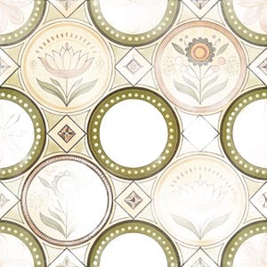 May include: A repeating pattern featuring circular frames with olive green borders and white dots, alternating with diamond shapes. The circles contain illustrations of stylized flowers in shades of peach, sage green, and brown on a cream background.