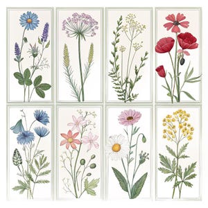 May include: A set of eight rectangular wall art prints featuring detailed botanical illustrations of various wildflowers. Each print displays a unique arrangement of flowers in shades of blue, pink, red, yellow, and green on a white background.