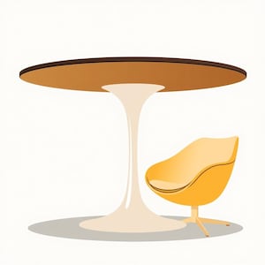 May include: A round table with a smooth brown top and a white pedestal base, accompanied by a yellow armchair featuring a curved backrest and a four-legged metal base. The furniture set is presented against a plain white background.