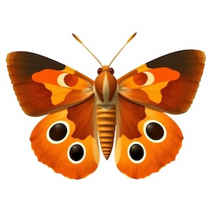May include: A symmetrical illustration of a moth with vibrant orange, brown, and cream-colored wings. The lower wings feature two prominent dark circular eyespots with white rings, while the upper wings display orange and brown patterns.