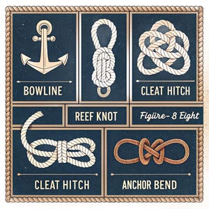 May include: A nautical-themed wall art print featuring a dark blue background with a rope border. It displays illustrations of an anchor, a bowline, a cleat hitch, a reef knot, a figure-8, and an anchor bend, each labeled with its respective name.