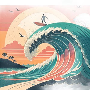 Può includere: Un'illustrazione stilizzata di un surfista su una grande onda color verde acqua al tramonto. La scena presenta la sagoma scura di una persona su una tavola da surf, un grande sole arancione, palme e diversi uccelli in un cielo rosa tenue.