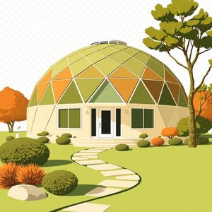 May include: A geodesic dome house with a geometric triangular panel roof in shades of green and orange. The structure features a central white door, two rectangular windows, and a curved stone pathway leading through a green lawn with shrubs.