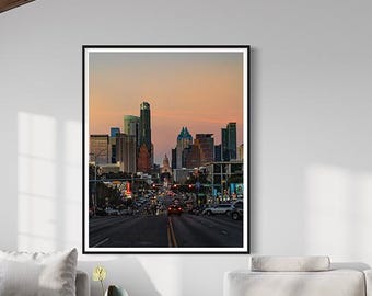 Downtown Austin Skyline at Golden Hour S Congress Ave | Metallic Paper Print | Unframed Print | ATX Photography | Texas Wall Art